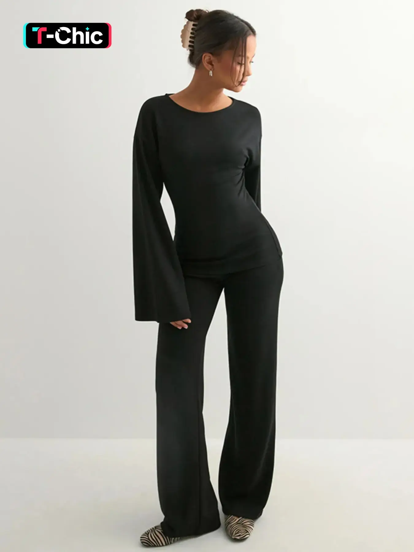 Women's Fashion Basic Aesthetic Solid Color Casual Round Neck Flare Long Sleeve Top & Straight Leg Pants Set, Loose Pant Sets, Comfortable Soft Modest Muslim Casual Outfits for Spring & Autumn, Womenswear Clothes