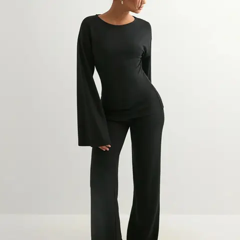 Women's Fashion Basic Aesthetic Solid Color Casual Round Neck Flare Long Sleeve Top & Straight Leg Pants Set, Loose Pant Sets, Comfortable Soft Modest Muslim Casual Outfits for Spring & Autumn, Fashion Clothing Set, Womenswear Clothes