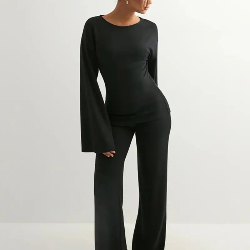 Women's Fashion Basic Aesthetic Solid Color Casual Round Neck Flare Long Sleeve Top & Straight Leg Pants Set, Loose Pant Sets, Comfortable Soft Modest Muslim Casual Outfits for Spring & Autumn, Fashion Clothing Set, Womenswear Clothes