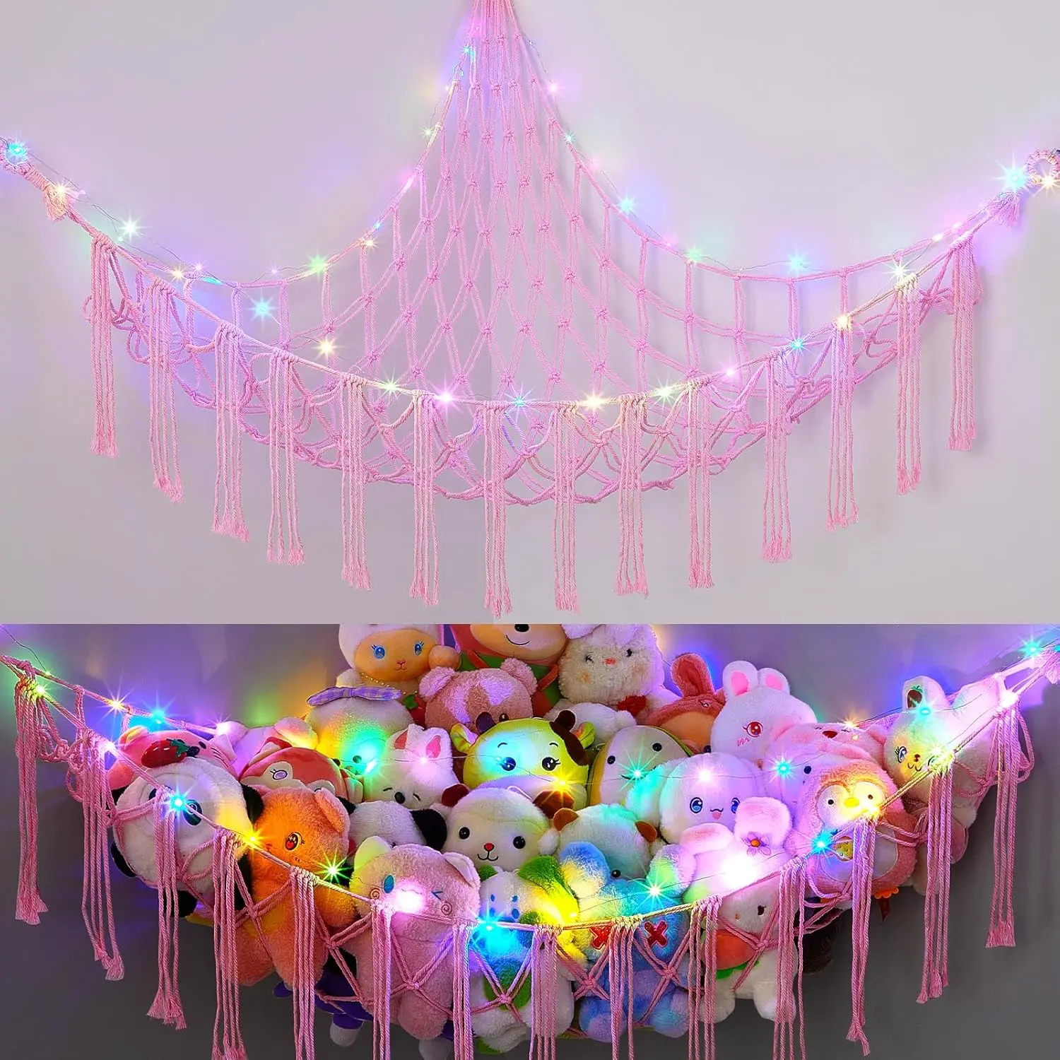 Stuffed Animals Net or Hammock with LED Light, Hanging Stuffed Animals Storage Toy Hammock Net Corner Wall Girls Room Decor Toy Storage Organizer, Pink, XL