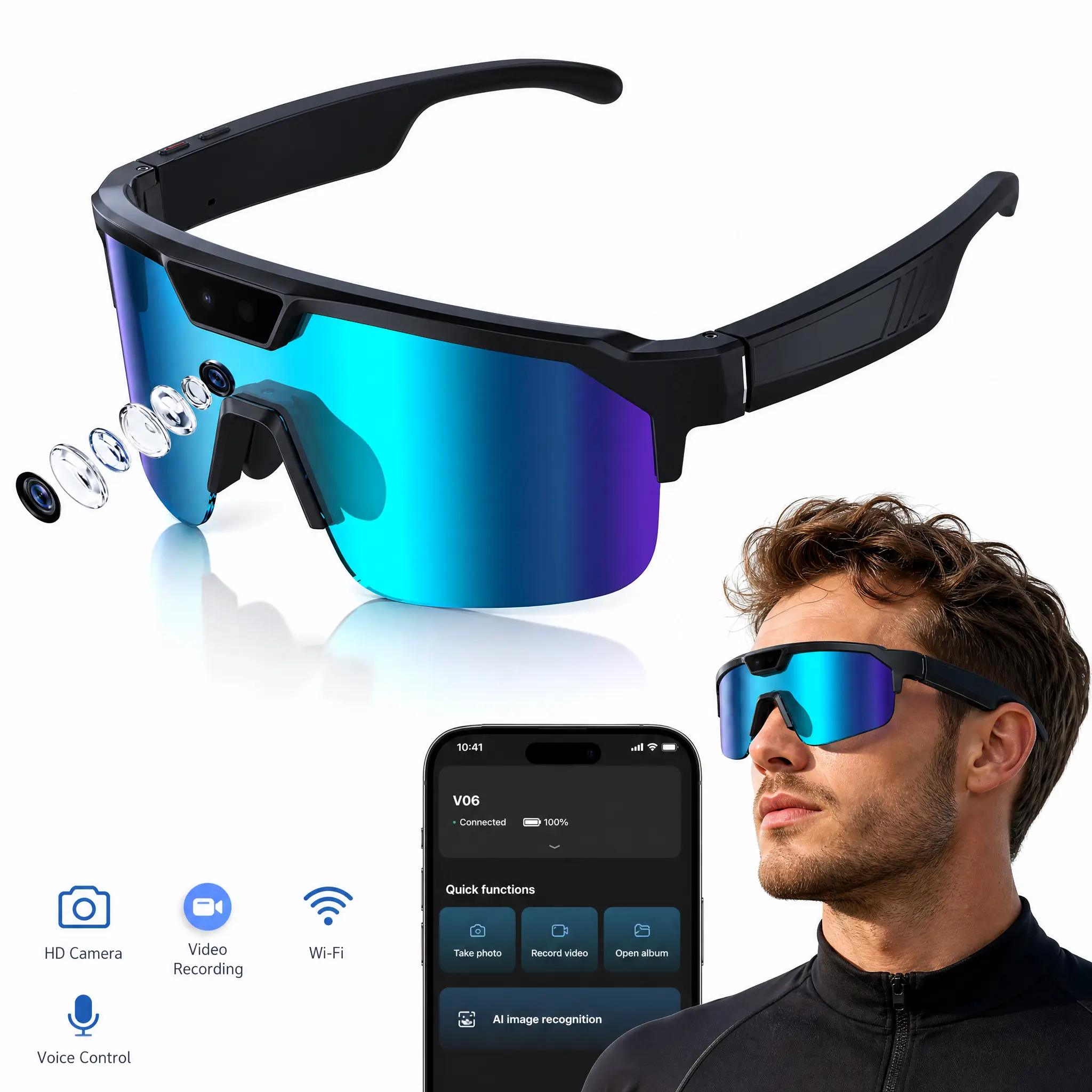 Smart Glasses with Camera & Audio | 8MP 1200P Video & 2K Photo | Polarized Sports Sunglasses with AI Voice Assistant, IP54 Waterproof & UV Protection