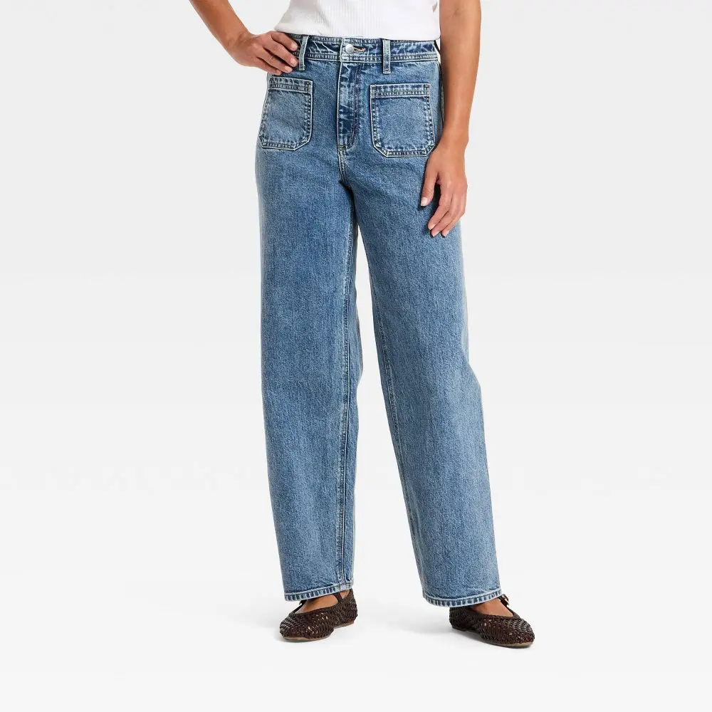 Women's Highest-Rise Sailor Straight Jeans - Cotton, Spandex Garment Bottom with Button Closure, Universal Fit