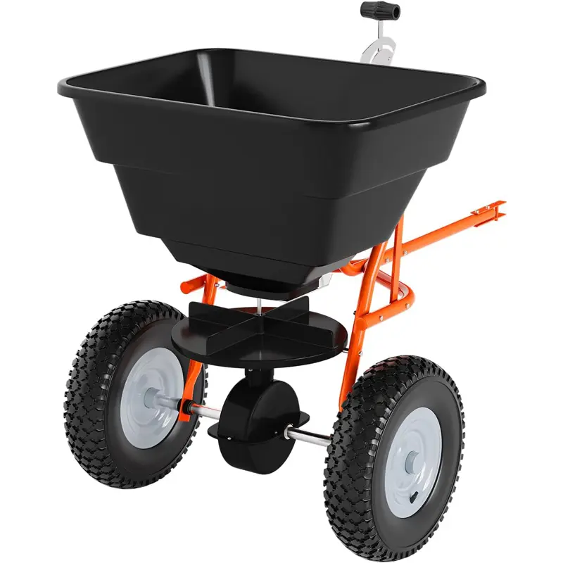 Tow-Behind Broadcast Spreader, 85 Lbs Capacity Pull Lawn & Garden Broadcast Spreader with 10" Tires and Adjustable Flow Control for Fertilizer, Seed, Salt and Ice Melt for ATV, Tractor