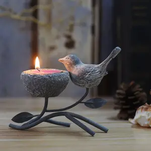 Marbrasse Votive Candle Holders Vintage Home Decor Centerpiece Iron Branches Resin Bird Nest Tabletop Tealight Stands Creative Artwork Grey Black Christmas Gift