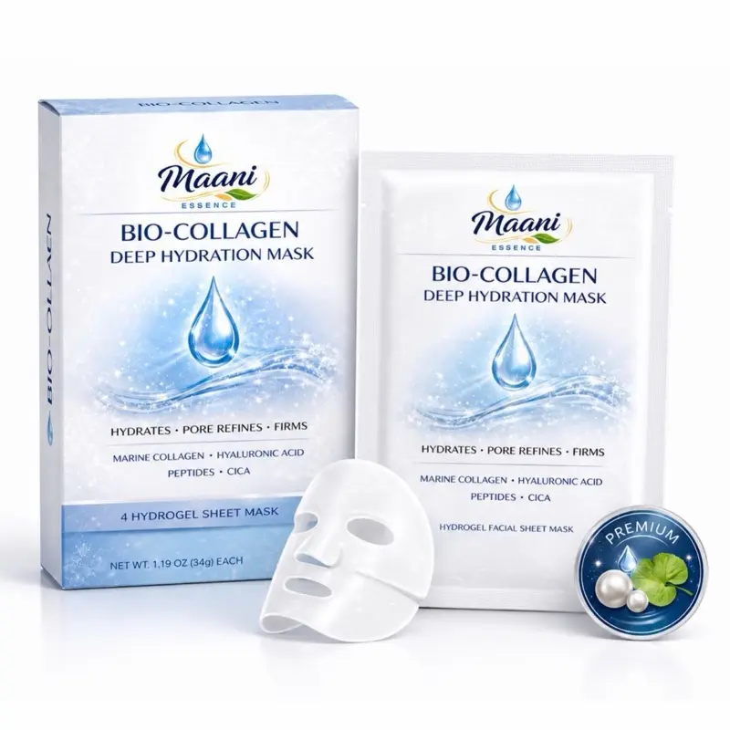 Maani Essence Bio-Collagen Deep Hydration Face Mask, Hydrogel Sheet Mask with Marine Collagen, Hyaluronic Acid, Peptides & Cica, Hydrating, Firming & Pore Refining Facial Mask for Glowing Skin, Korean Skin Care, 4 Pack