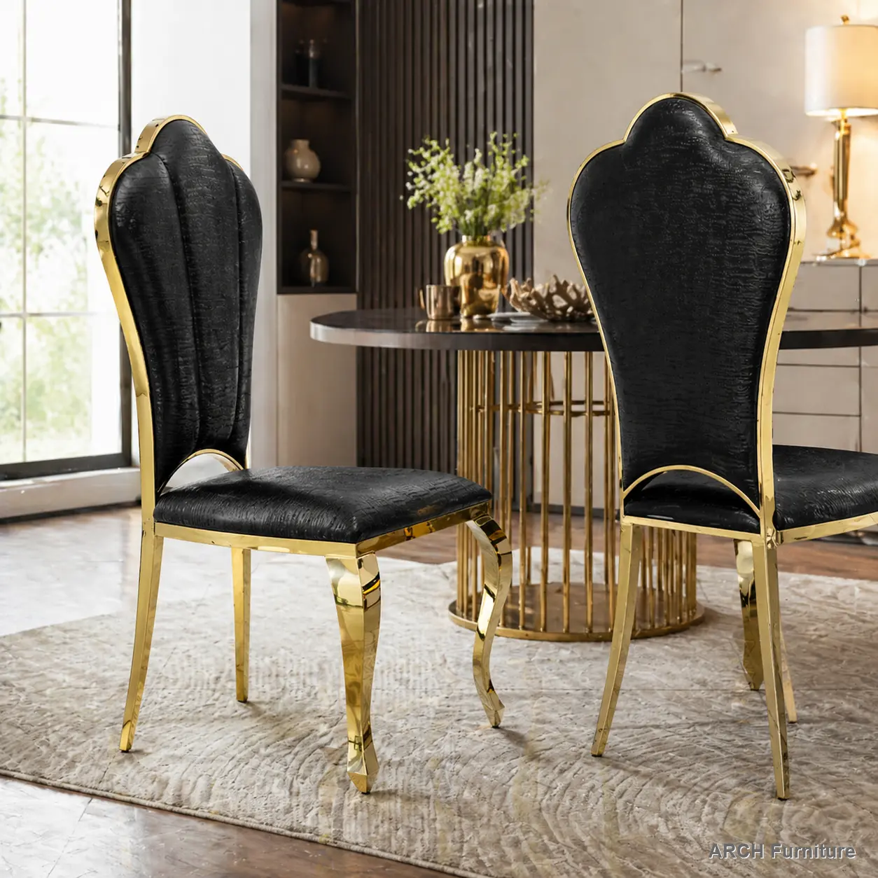 ARCH Dining Chairs Set of 2, Modern Black PU Leather Upholstered Chairs with Gold Stainless Steel Legs, Petal High Back Accent Chairs for Dining Room, Kitchen or Living Room