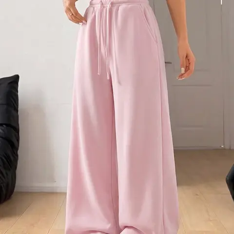 Solid-color women’s autumn/winter wide-leg sweatpants, cotton blend fabric, adjustable drawstring, side pockets—casual long pants suitable for home, shopping, everyday outings, and more.