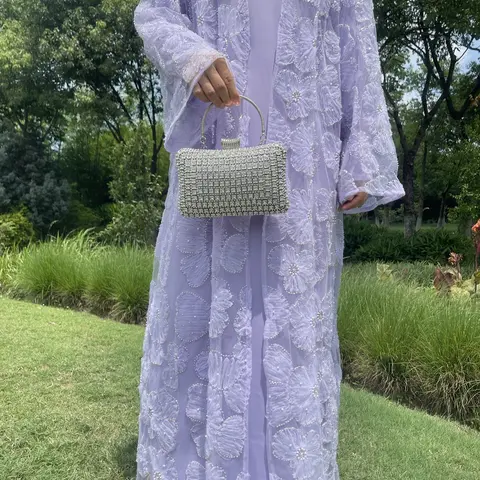 Women's Mesh Floral Beaded Floral Embellished abaya & Dress Set Elegant Islamic Apparel for Spring & Fall, Msl881 Collection, Flower Beaded Abaya