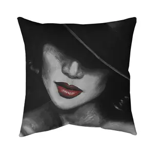 360 Stand Mysterious Red Lips Lady Black Throw Pillow - 18x18 in. Polyester Print, UV Resistant, Indoor/Outdoor Patio/Garden, Bedroom Decor, Statement Piece for Elegance & Intrigue, Home Decor Accessory (5542-1818-FA29)