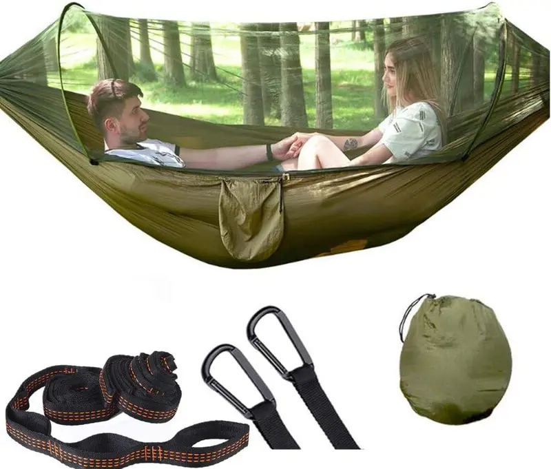 Portable outdoor camping hammock (9x5 feet): Comes with mosquito nets, supports automatic construction, and can be used as an outdoor shelter, suitable for family hiking, picnicking, backpacking, garden relaxation, and exploration