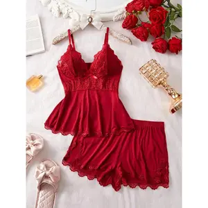 Women's Plain Lace Patchwork Bow Decor Cami Top & Shorts PJ Set, Adjustable Spaghetti Strap Camisole & Elastic Waist Shorts, Ladies Sleepwear for All Seasons, Lace Lingerie