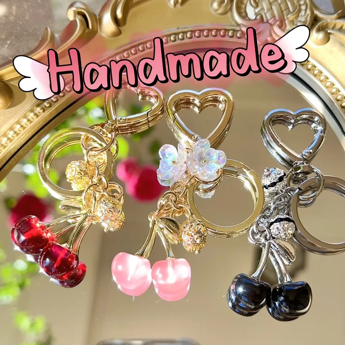 Handmade High quality Gifts Red pink Black Cherry keychain Novelty Rhinestone flowers  bagcharm