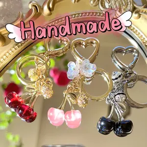 Handmade High quality Gifts Red pink Black Cherry keychain Novelty Rhinestone flowers  bagcharm