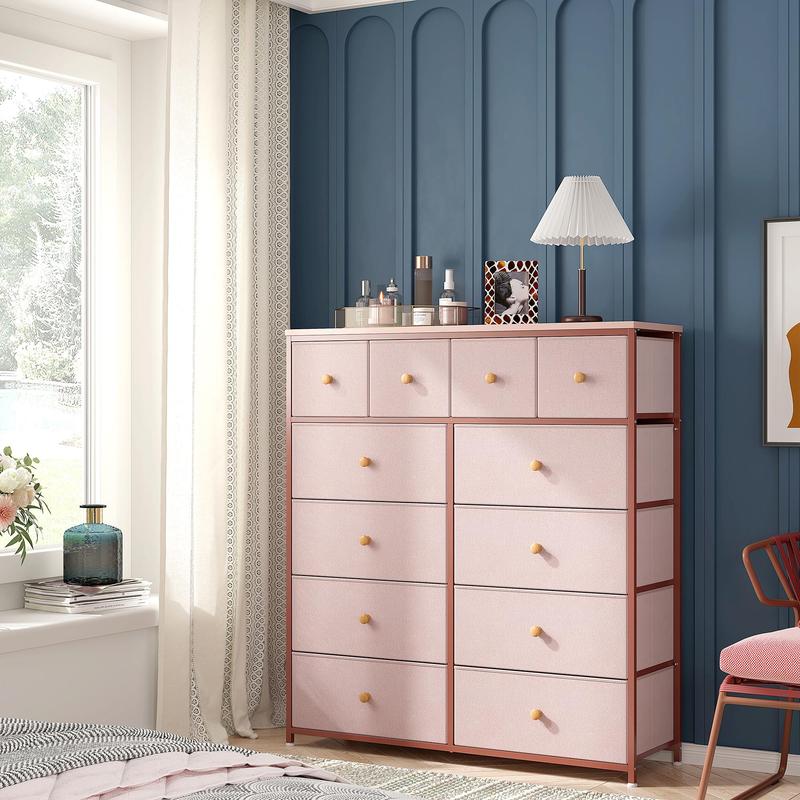 RaybeeFurniture Pink Dresser for Bedroom with 12 Drawers, Sturdy Metal Frame and Wooden Top, for Bedroom, Closet present  cabinets