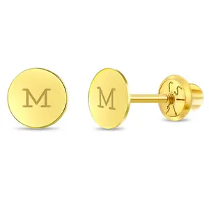 14k Gold Round Engravable Toddler / Kids / Girls Earrings Safety Screw Back
