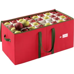 Christmas Ornament Storage Box - Red, Fits 128 Ornaments - Organizer With Dividers & Handles