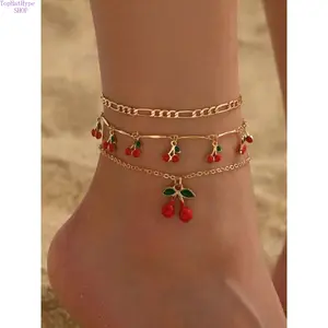 3‑Piece Beaded Multi‑Layer Anklet Set, Rhinestone Cherry Dainty Layered Foot Jewelry, Trendy Versatile Summer‑Ready Accessory for Daily Casual Wear & All‑Season Styling