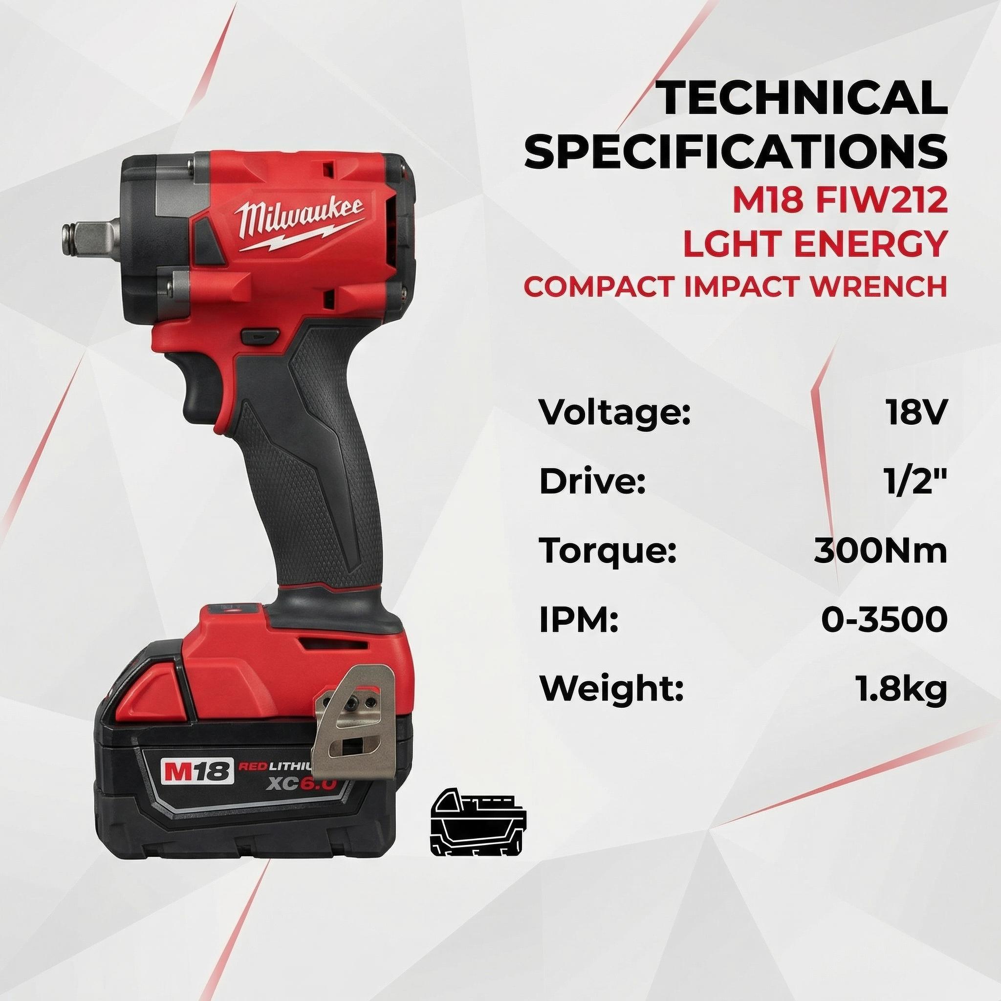Milwaukee FIW212 1/2" Compact Impact Wrench – 0-2400 RPM, 0-3500 IPM, 300Nm Breakaway Torque – Built for Tight Engine Bays & Assembly Work with 18V Lithium-Ion Battery