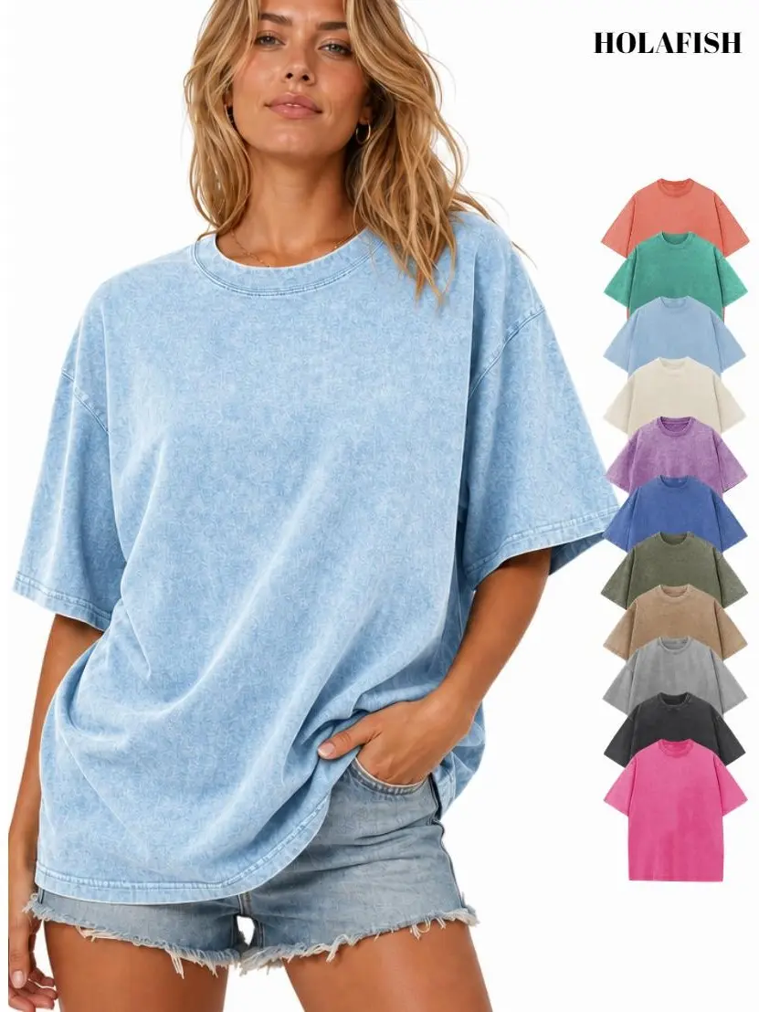 Sunland Women's Vintage Oversized Acid Wash T-Shirt  Soft Pure Cotton Fabric Basic Style Round Neck Pullover with Short Sleeves, Casual Baggy Fits, Solid, Tshirt, Tee