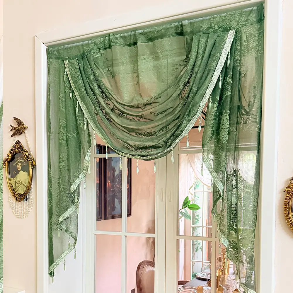 French Vintage Olive Jacquard Sheer Curtain, Fringe Decor Pull-Up Curtain, Living Room Bedroom Door Header Multi-Scene No Drilling Decoration Curtain, Light Luxury American Style Curtain, Window Hanging, Window Curtains, Home Decorative Curtain