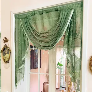 French Vintage Olive Jacquard Sheer Curtain, Fringe Decor Pull-Up Curtain, Living Room Bedroom Door Header Multi-Scene No Drilling Decoration Curtain, Light Luxury American Style Curtain, Window Hanging