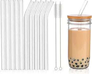10 count  Glass Boba Straws,9''x14 mm Wide Glass Drinking  Smoothie Straw for Bubble ,Milkshakes,Set of 5 Straight and 5 Bent with 2 Cleaning Brushes -Dishwasher Safe