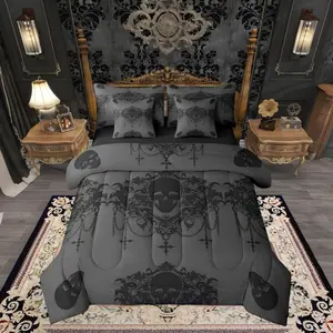 Gothic Comforter Set,7 Piece Bed in a Bag,Goth Sugar Skull Bedding Set,Charcoal Grey Black Damask Bohemian Vintage Floral Comforter,and Sheet Set