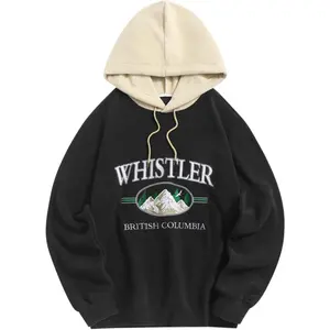 Men's Hooded Sweatshirt, Letter Mountain Graphic Embroidery Plush Fleece Casual Drawstring Pullover Hoodie
