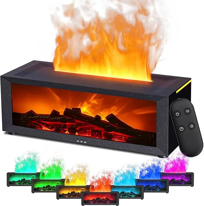 Fireplace-shaped essential oil diffuser, aroma diffuser, 150ml ultrasonic cold mist humidifier with flame shape design, 7-color aroma diffuser, with remote control, automatic power-off upon water shortage and timer, suitable for home office (black) gift
