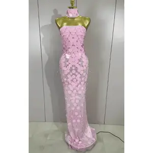 Karina Sparkly Pink Sequin Rhinestone Strapless Maxi Long Dress