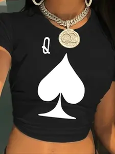 Women's Playing Card Print Round Neck Crop Tee, Fashion Casual Streetwear Short Sleeve T-Shirt for Daily Wear, Casual Fashionable Top, Ladies Summer Clothes