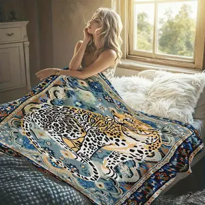 Boho Leopard Print Persian Rug Pattern Blanket, 1 Count Soft Warm Flannel Throw Blanket, Cozy Nap Blanket for Home Office Travel