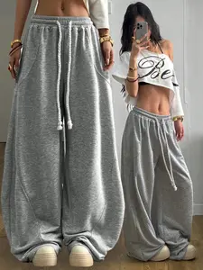 Women's Casual Drawstring Waist Adjustable Pants, Comfortable Fitted H-Type Design, All-Season Regular Fit, Natural Waist, Versatile Street Style