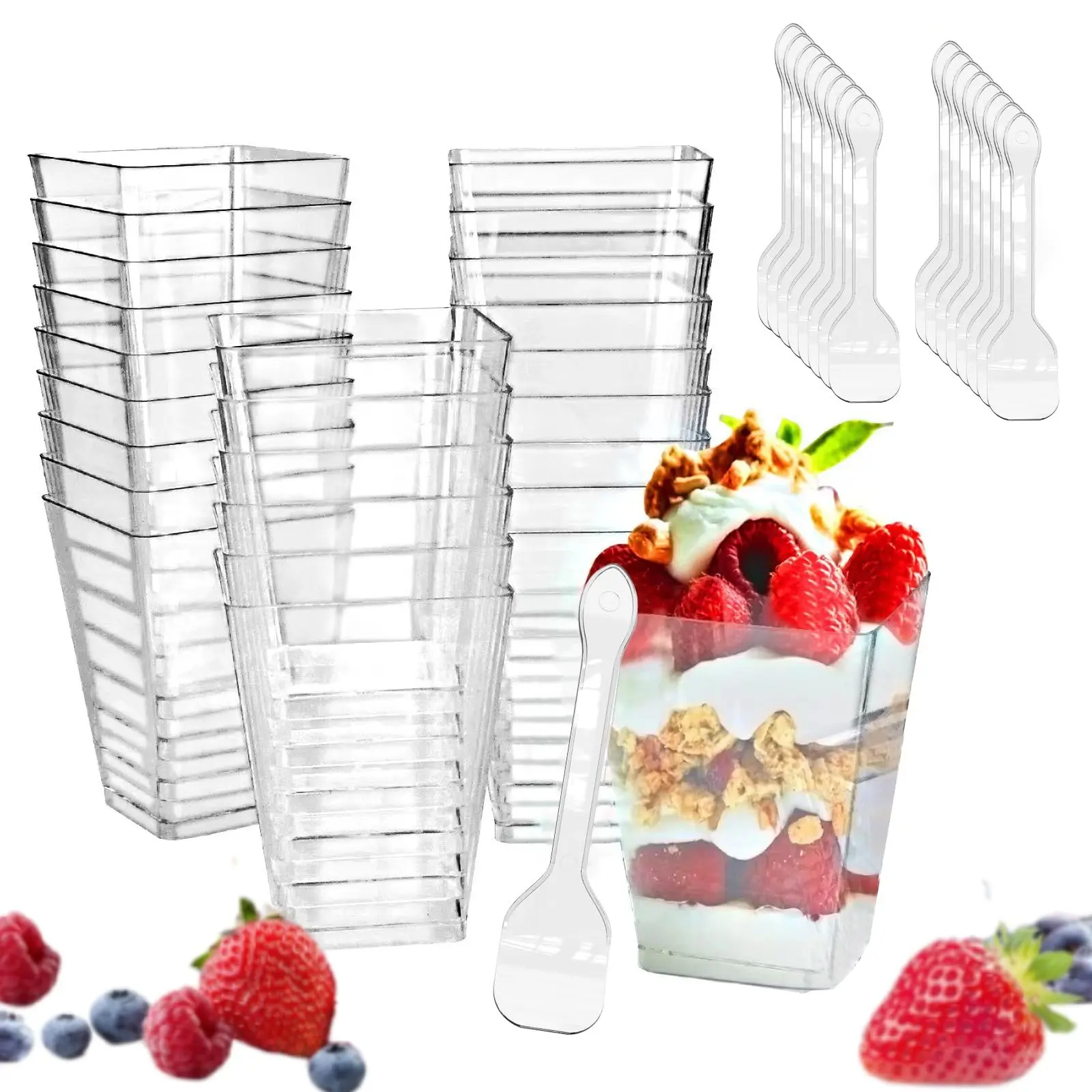 5-ounce transparent square dessert Cups (50 dessert Cups+50 Spoons) 5-ounce transparent square dessert Cups (50 dessert Cups+50 Spoons)
