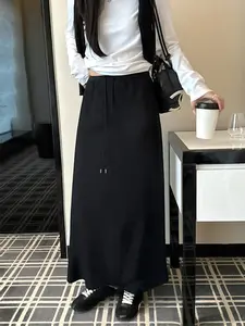 Women's Knitted Fleece Skirt, Simple Solid Color, Split Design, Elastic Drawstring, Warm Casual Wear, Fall & Winter Fashion