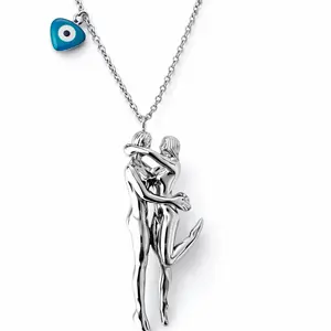 Mystique Jewelries Elegant Couple Hug Pendant Necklace with Evil Eye Charm Silver and Gold Tone Chain Detailed Figure Design