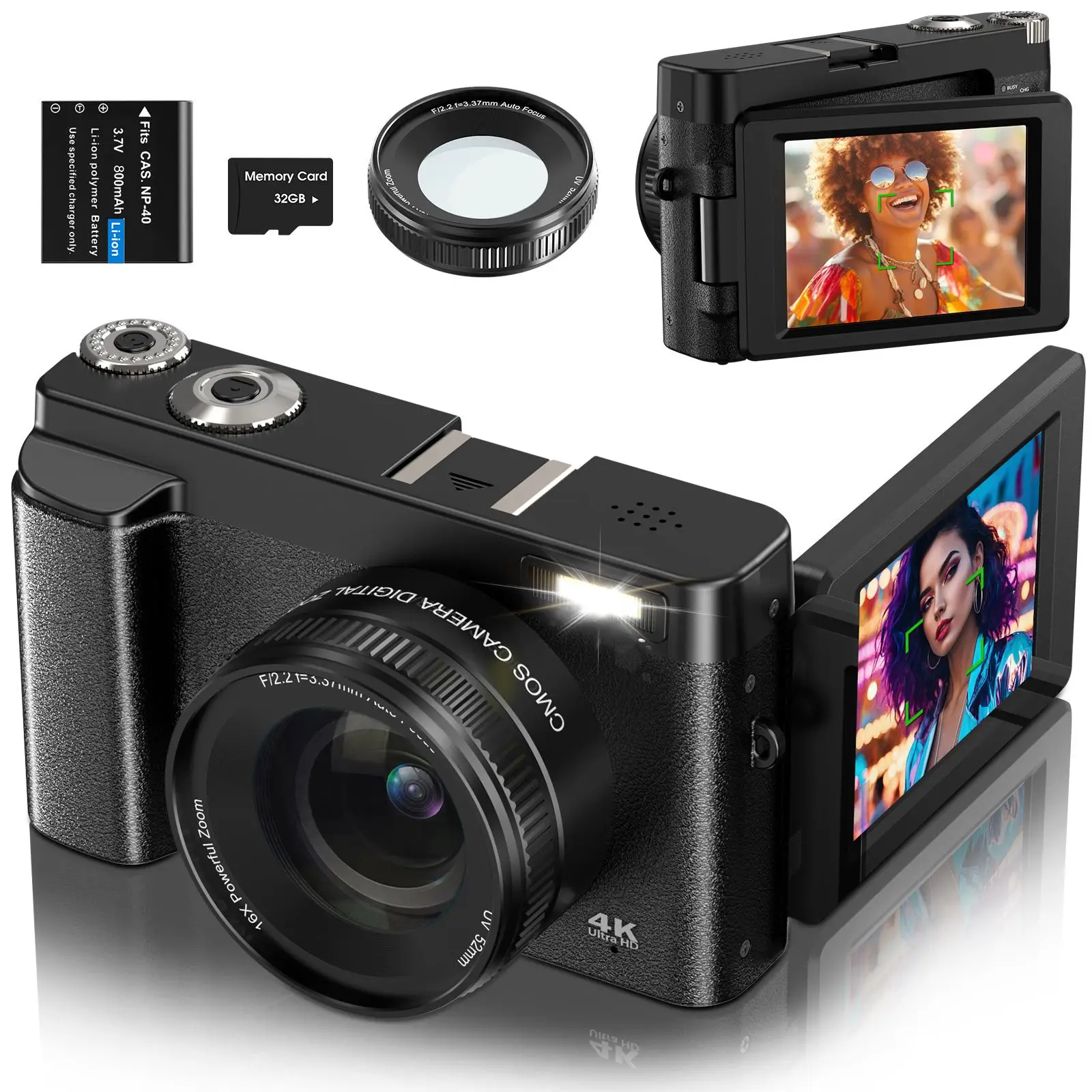 DC101 Digital Travel Camera, 4K Video Recording & 48MP Auto Focus Camera, 180 Degree Flippable Display Camera, 16X Magnification Digital Camera with 3
