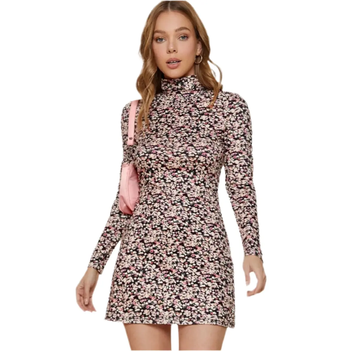 Floral Pink Long Sleeve Turtleneck Bodycon Mini Dress for Women - Fitted & Flare Silhouette - Day Wear - Cute Casual Style