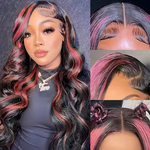 Ombre Lace Front Wig Human Hair Pre Plucked 13x6 1B/Pink Body Wave Highlight Lace Front Wigs Colored 180% Density Pink and Black Highlight Wig Human Hair