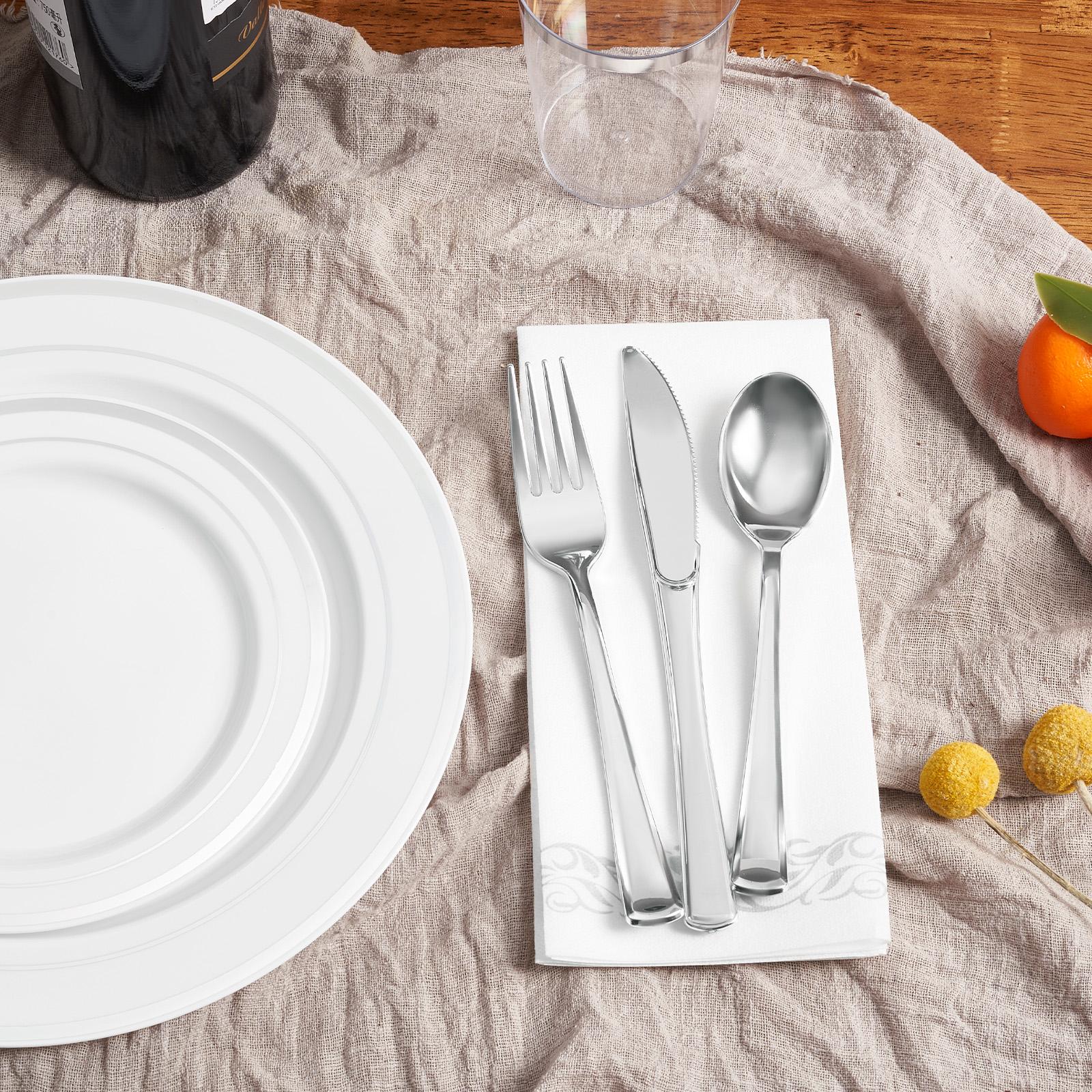 Disposable Dinnerware Set 350/700 PCS, Gold & Silver Plastic Plates Cups Cutlery for Party, Wedding, Birthday Supplies