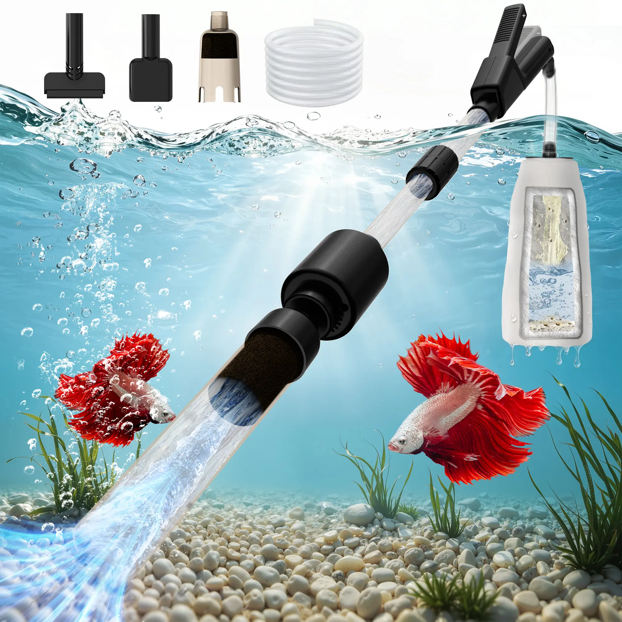 TARARIUM Electric Aquarium Gravel Cleaner, 5 in 1 Fish Tank Vacuum Cleaner with Water Changer, Sand Washer, Filter & Water Circulation, Strong Suction Adjustable Flow for 30-100 Gal Tanks