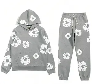 Y2K Ripped Denim Hooded Tracksuit 2 Piece Set For Men Women Loose Cotton Long Sleeve Hoodie Sweatpants Hole Print Oversized Streetwear