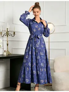 A women's blue-based floral print polo-collar long-sleeve tie bow waist-cinching slimming maxi dress, suitable for daily wear, commuting and vacation outfits.