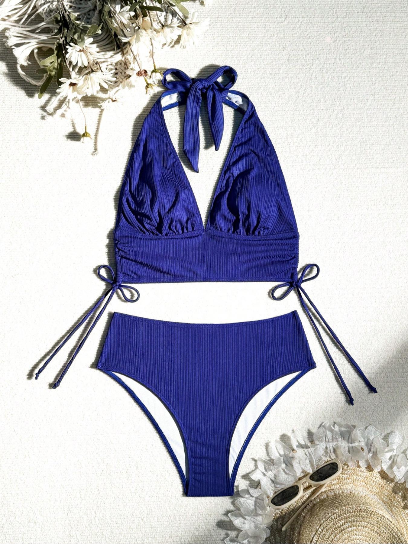 Two-Piece Set Women's Solid Color Bikini Set, Casual Fashion Chic Swimsuit Set, Ladies Swimwear for Beach Holiday Vacation