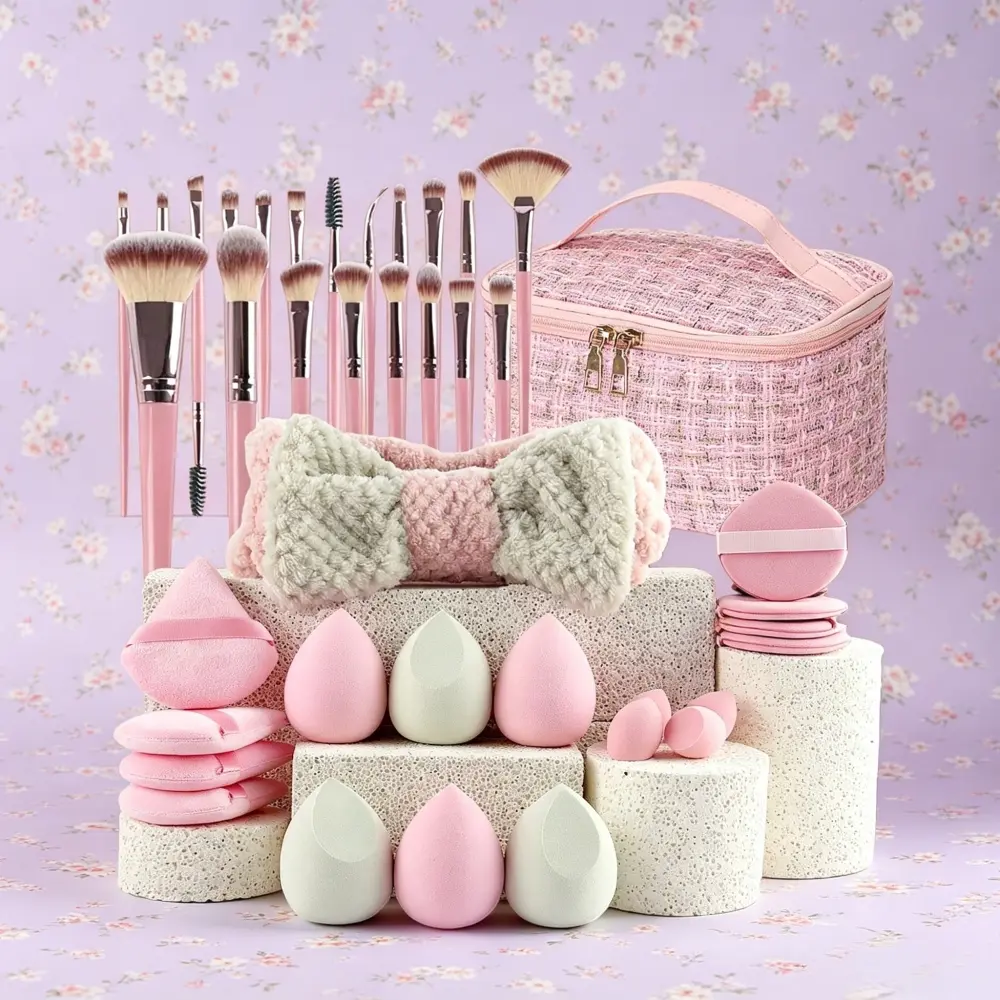 Pink Tweed All‑in‑One Cosmetics Makeup Tools Kit, Makeup Accessories, Makeup Brushes + Beauty Sponges + Powder Puffs + Headband + Storage Bag Set, Soft Non‑Absorbent Beginner Makeup Kit for Daily & Travel Use, Blender Sponge Brushes