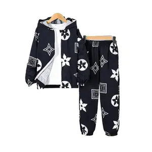 Ready Stock Boys' Trendy Floral Retro Pattern Print Zip-Up Hooded Jacket and Matching Pants Two-Piece Outfit Set (8-12Y,Navy Blue) 42507001