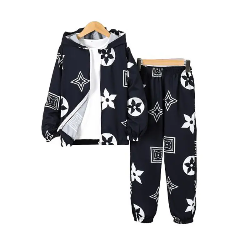 Ready Stock Boys' Trendy Floral Retro Pattern Print Zip-Up Hooded Jacket and Matching Pants Two-Piece Outfit Set (8-12Y,Navy Blue) 42507001