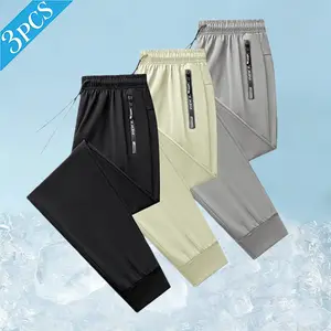 Men's Ice Silk Joggers 3-Pack - Lightweight Quick-Dry Pants with Drawstring & Zipper Pockets | Elastic Waist Casual Track Pants