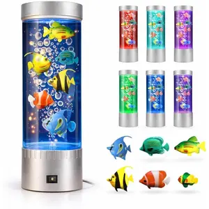 Bubble Fish Lamp with 6 Floating  Fish - LED Aquarium Night Light with Bubbles - Cylindrical Transparent ,  for Rooms, Offices, and Living Spaces