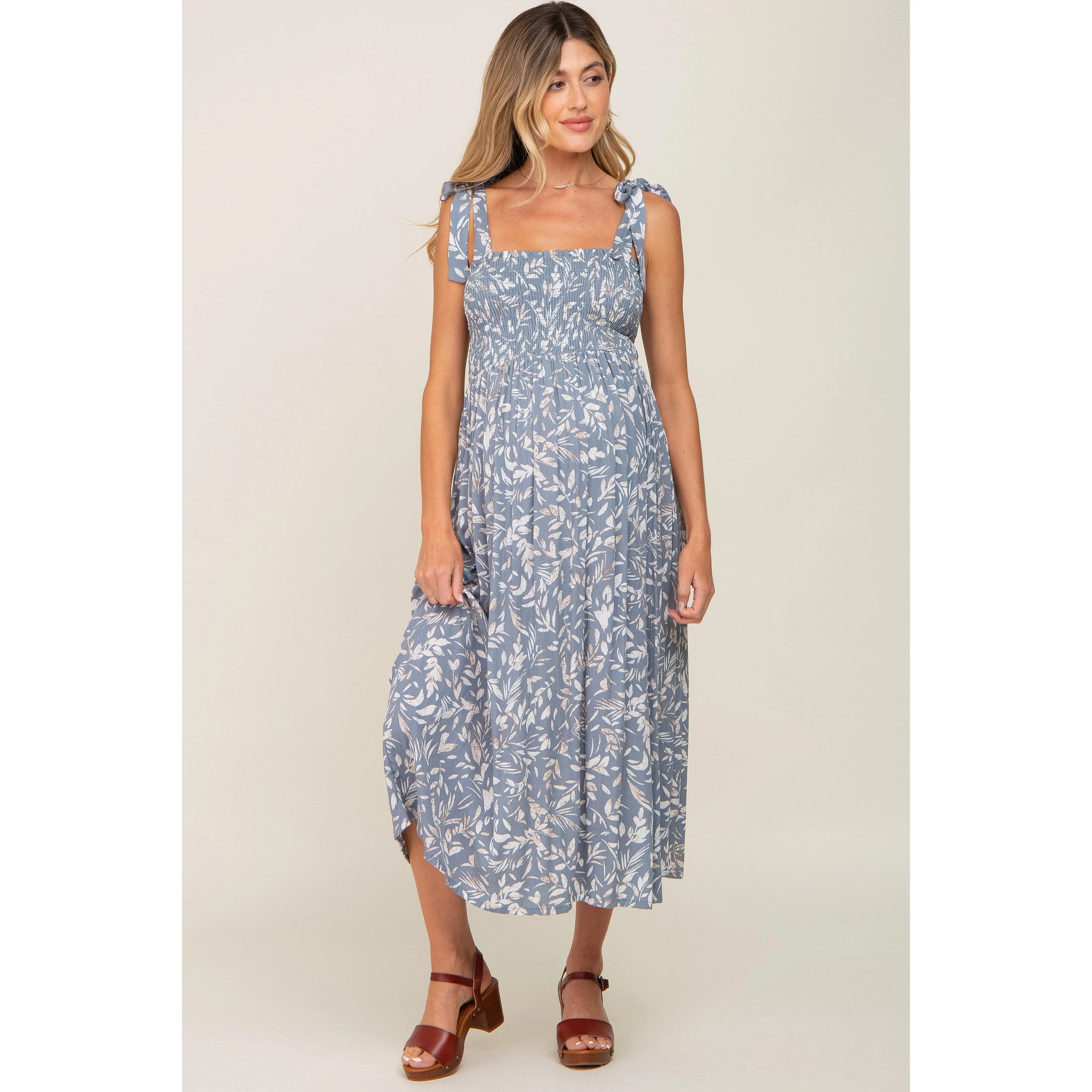 Light Blue Floral Smocked Shoulder Tie Maternity Midi Dress - TikTok Shop Light Blue Floral Smocked Shoulder Tie Maternity Midi Dress - TikTok Shop